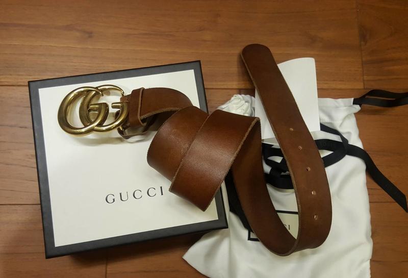 Gucci 雙G logo 牛皮皮帶 咖啡色皮帶  (寬版4CM)