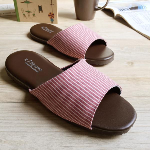 台灣製造-品味系列-布面皮質室內拖鞋-小日條紋-粉