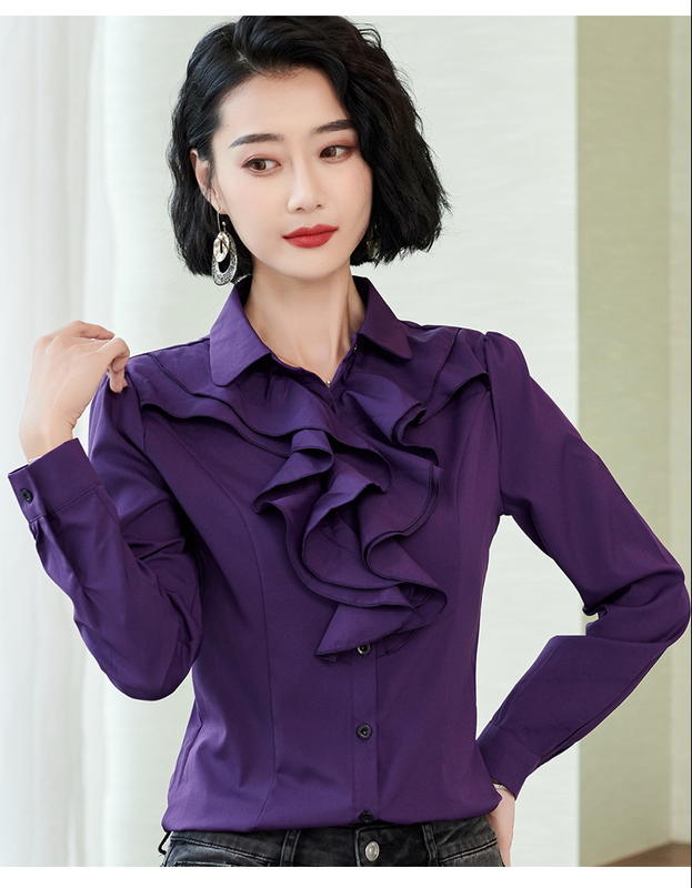 EC0285-1_純色休閒女襯衫長袖韓版職業裝紫色修身長袖襯衫/M