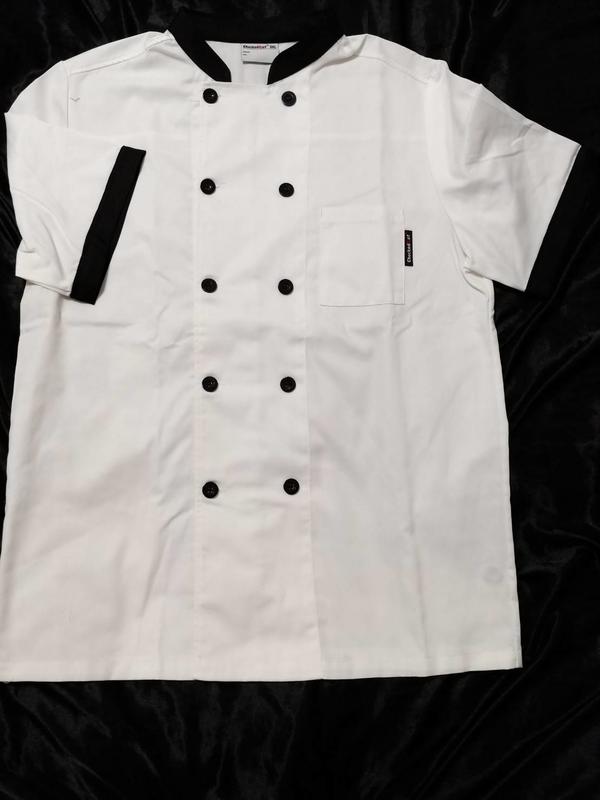 自售~多買廚衣廚房工作服裝廚師服短袖夏季贈圍裙（白色拼黑領短袖）