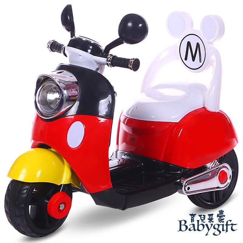 【育兒采家】米奇造型 兒童電動機車 兒童電動摩托車 三輪摩托車 充電式電動童車 MP3 可調音量 附椅背 