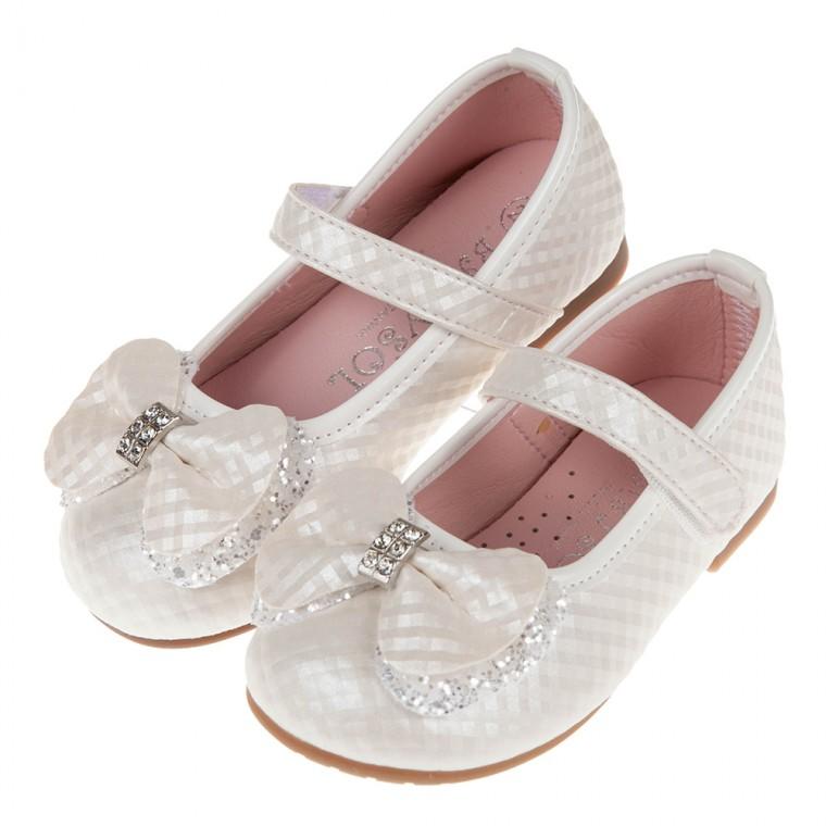 童鞋(15.5~23.5公分)菱格紋典雅鑽飾蝴蝶結白色兒童公主鞋K9O997M