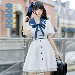 蔚藍音符水手印象海軍領結復古單排扣腰帶造型泡泡短袖洋裝 英倫...