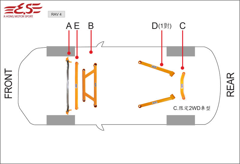 阿宏改裝部品E.SPRING 2017 RAV-4 RAV4 2.0 5件拉桿引擎室井字前下後下