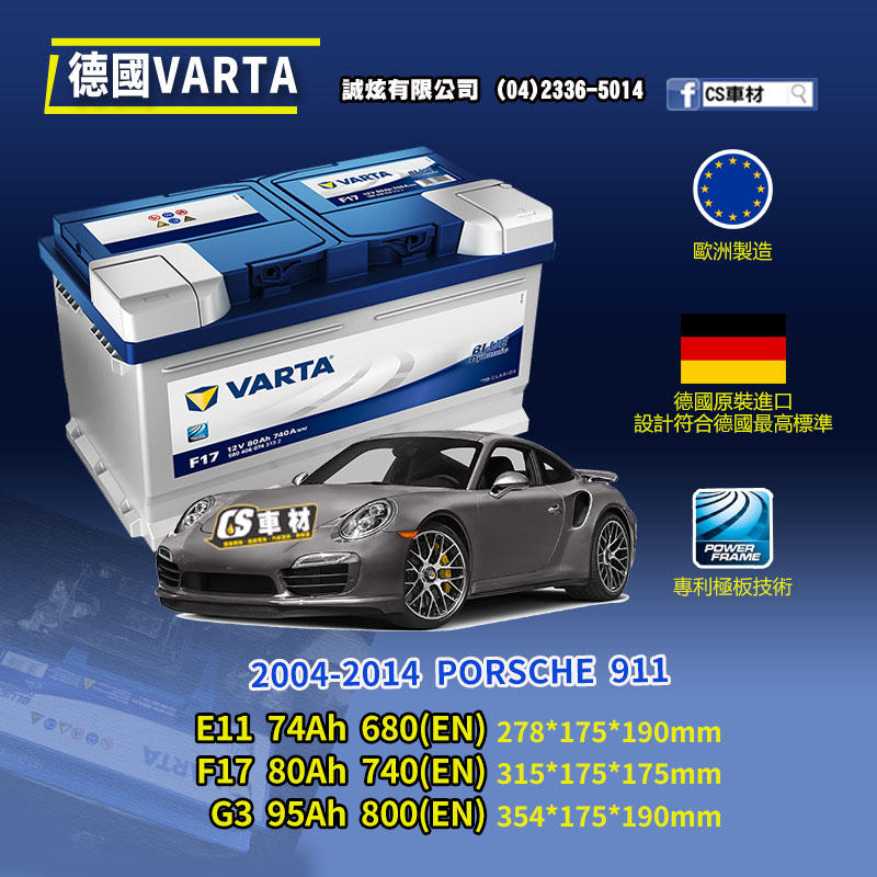 CS車材-VARTA 華達電池 PORSCHE 911 04-14年 E11 F17 G3 ... 代客安裝 非韓製