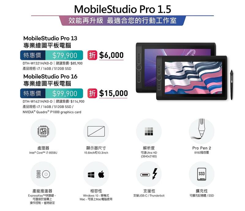 【Wacom專賣店 降價】Wacom Mobile Studio Pro 1代與1.5代 全面特價中