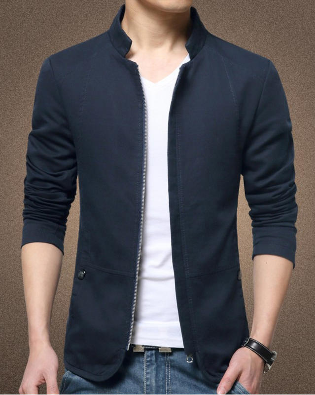 全新 韓版 藏青色 夾克立領修身 純棉西裝薄外套
