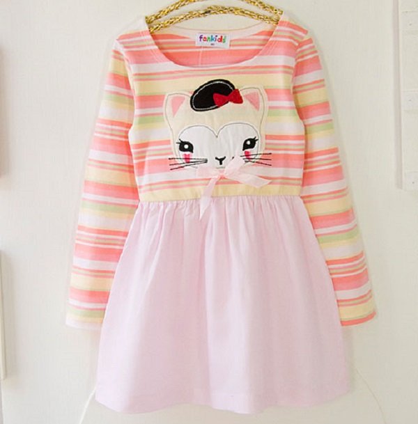 【Mini  Young】台灣製造 女童 純棉 貼布貓咪 條紋 洋裝 上衣裙 連身裙 粉色