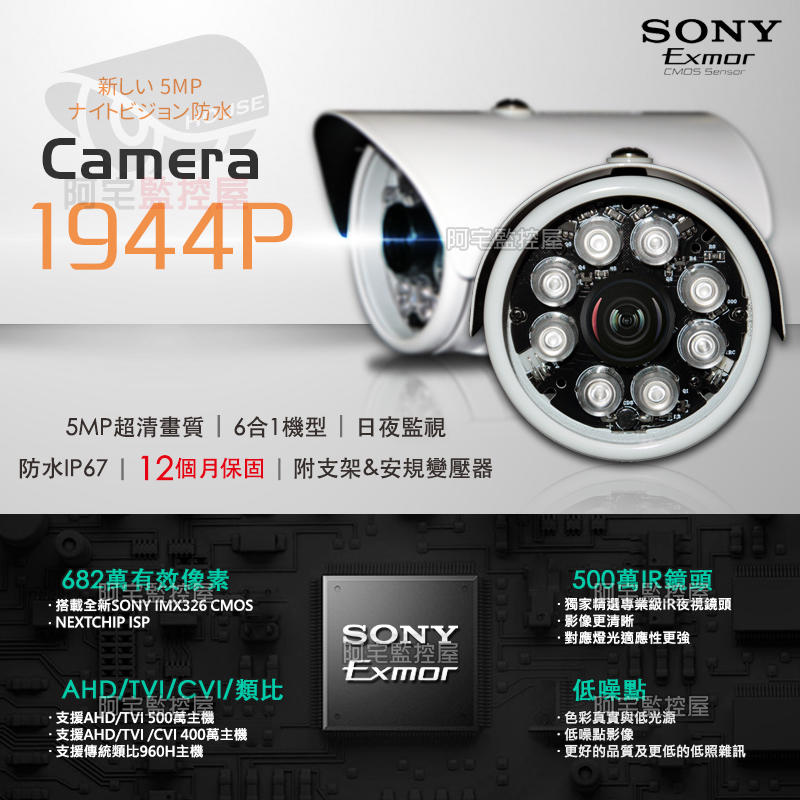 【阿宅監控屋】6in1 數位/類比 SONY IMX326 1944P 500萬鏡頭 超清5MP夜視防水攝影機 監視器
