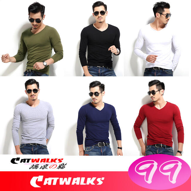 Catwalk's- 素雅款純色小V領長袖棉T ( 軍綠、黑色、白色、灰色、深藍色、紅色 ) M-3L
