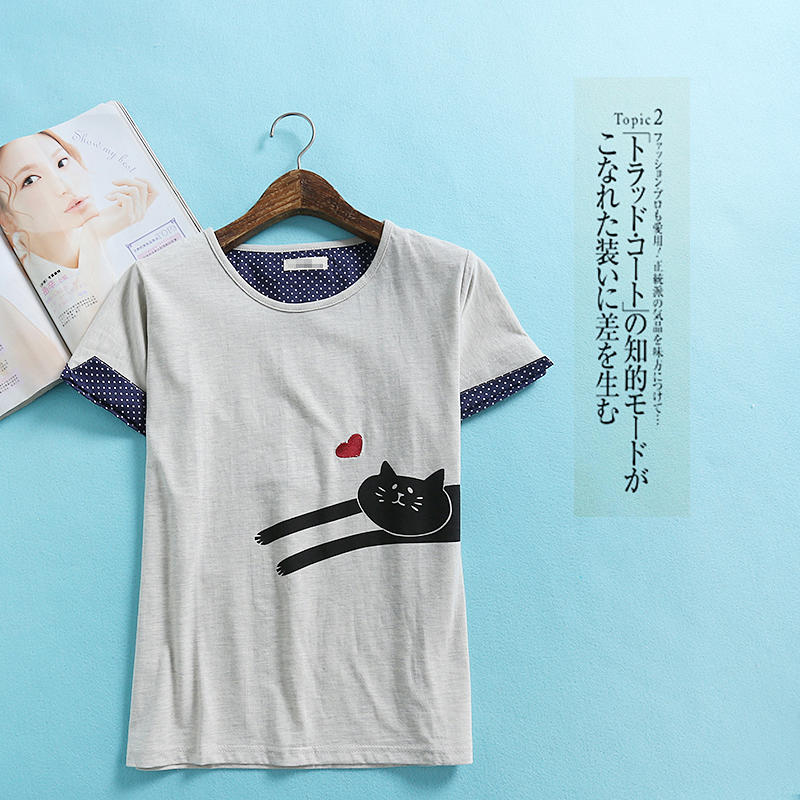 [ 憨虎試衣間  ] 全新，貓咪印花心型刺繡蝴蝶結尾巴短袖T恤，100%棉