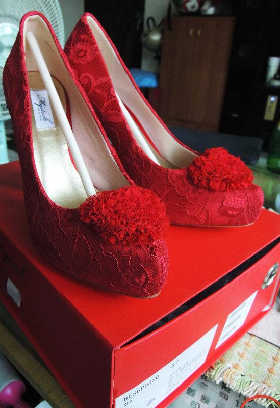 MYSTOCK 紅色蕾絲婚禮鞋   全新品