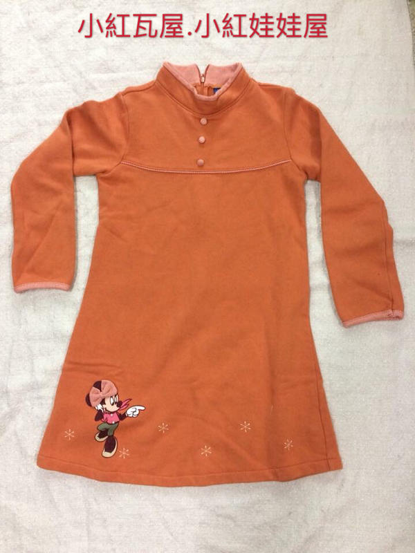 迪士尼Disney有米妮圖案紙橙色14號女童長袖長裙冬天的洋裝(二手冬衣女童裝洋裝)