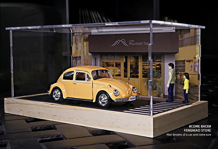 模型車防塵盒 1:32 1:36 日式街角咖啡廳場景展示盒 壓克力箱 模型收納防塵盒 車位 車庫 停車格