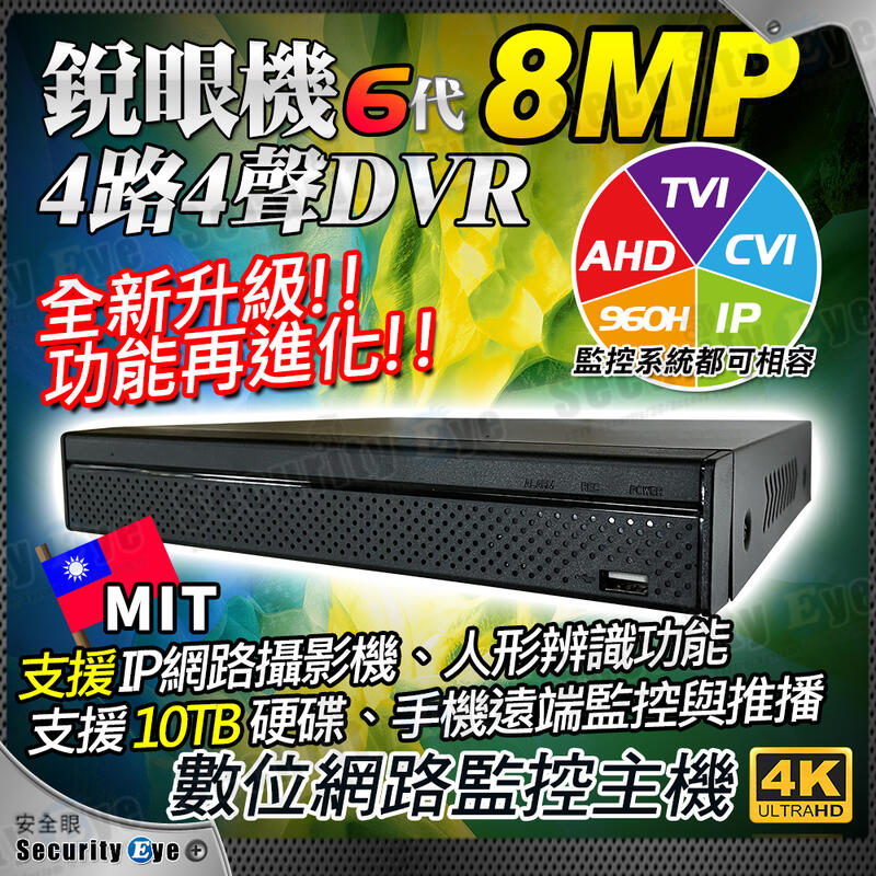 安全眼 H.265 4路 4聲 4K 8MP 監控 DVR TVI AHD 5MP 1080P 監視器 攝影機 NVR