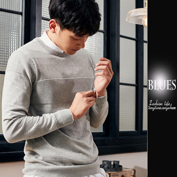 【Blues】W523-韓系橫紋立體視覺時尚彈性薄款針織毛衣 窄身 個性 圓領 英倫 舒適棉