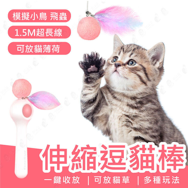 【可加貓草/進口羊毛球】1.5米逗貓棒 逗貓球 自動伸縮 貓咪玩具 貓咪球 寵物玩具 【AAA6407】