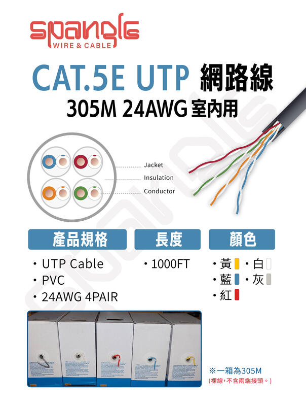 CAT5E CAT.5E UTP 305M 網路線純銅導體24AWG 室內用多種顏色另有CAT.6