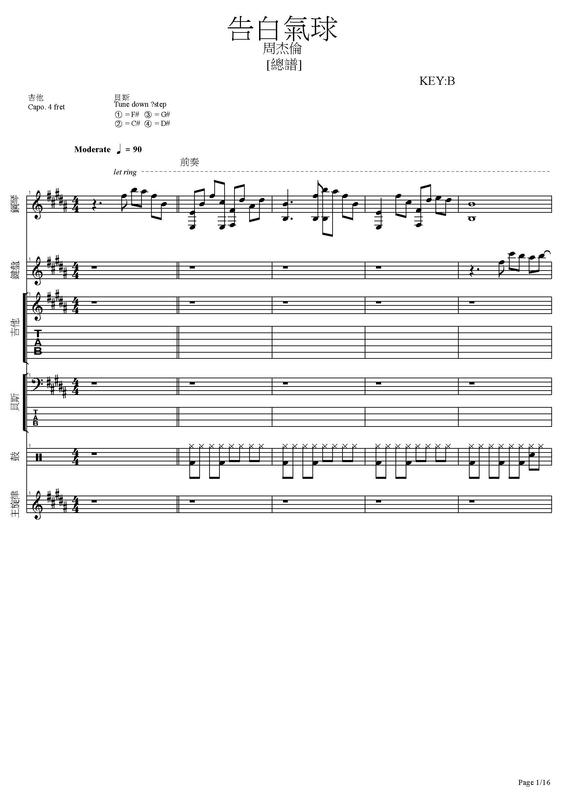 團譜 ~周杰倫_告白氣球~[吉他譜][貝斯譜][鼓譜][鍵盤][五線譜][樂譜]