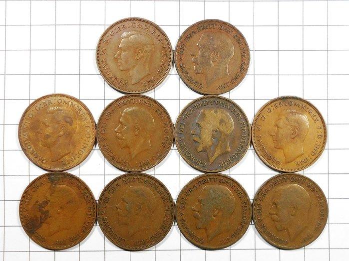 RR873 英國 喬治五世 1918-1944年銅幣 共10枚壹標