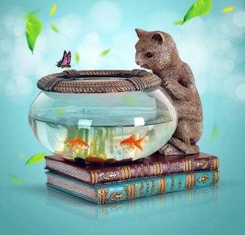 歐式 可愛小貓咪喵喵魚玻璃缸擺件辦公室魚缸養魚池水族送禮禮品 437c