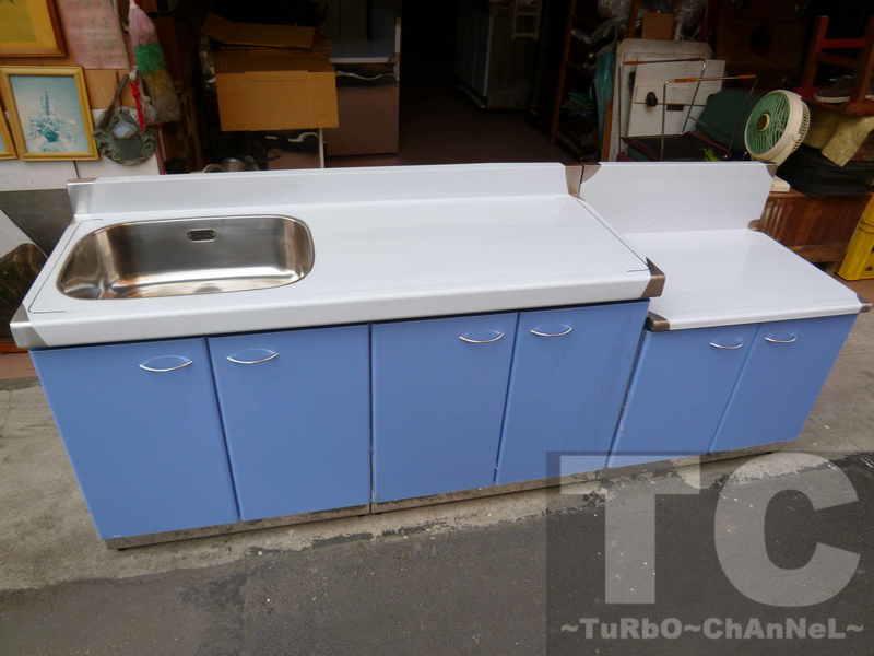 流理台【總長216公分-左水槽 共2件】台面&櫃體不鏽鋼 素面藍色門板 最新款流理臺