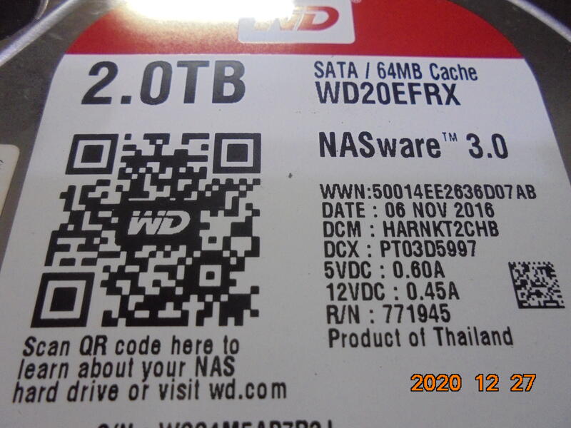 WD硬碟 2TB 紅標 SATAIII  型號:WD20EFRX-64EUZN0