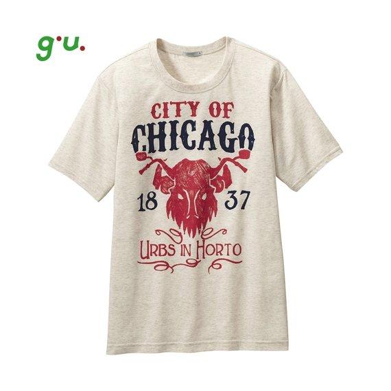 日本 UNIQLO X g.u. American casual 美式休閒印花 圓領T恤 米色 GU 芝加哥野牛
