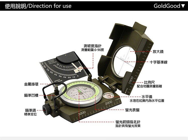 【KC軍品】金谷K4074指南針 美式軍用夜光指北針 坡度羅盤水平儀多功能指北針 | 露天市集 | 全台最大的網路購物市集
