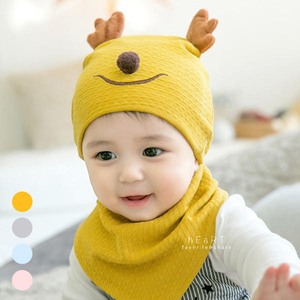 【傻米屋】立體小鹿造型嬰兒帽+口水巾2件組 帽子 童帽 睡眠帽 保暖帽 圍兜