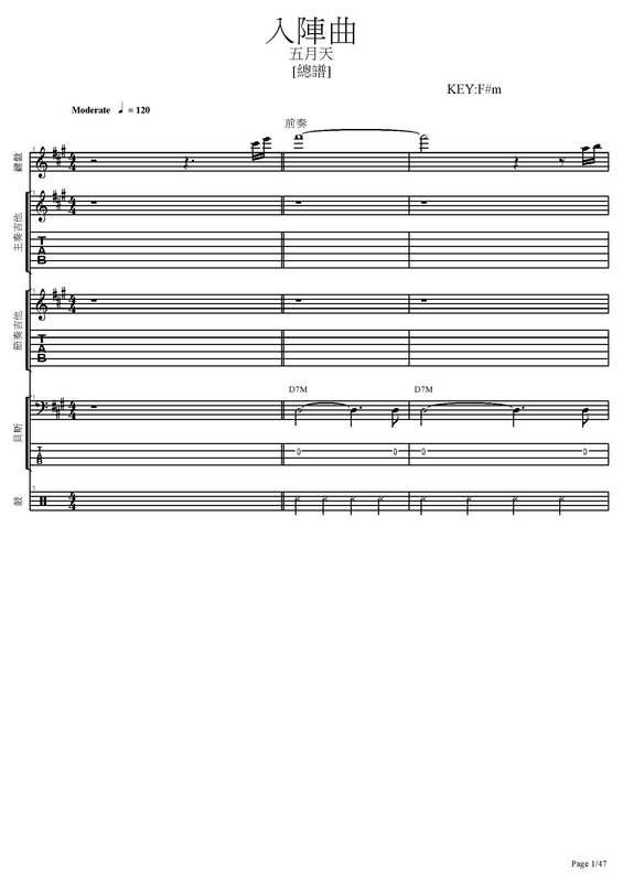 團譜	~五月天_入陣曲~[吉他譜][貝斯譜][鼓譜][鍵盤][五線譜][樂譜]