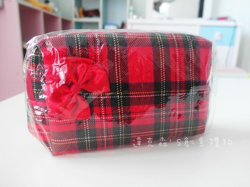 紅蝴蝶結格紋帆布化妝包 大容量 收納包 甜美可愛風 愛心拉鍊 高質感 高氣質