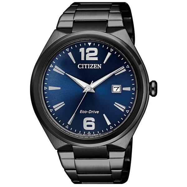 【台南 時代鐘錶 CITIZEN】星辰 Eco-Drive光動能 現代俐落質感時尚腕錶 AW1375-58L 黑鋼/藍