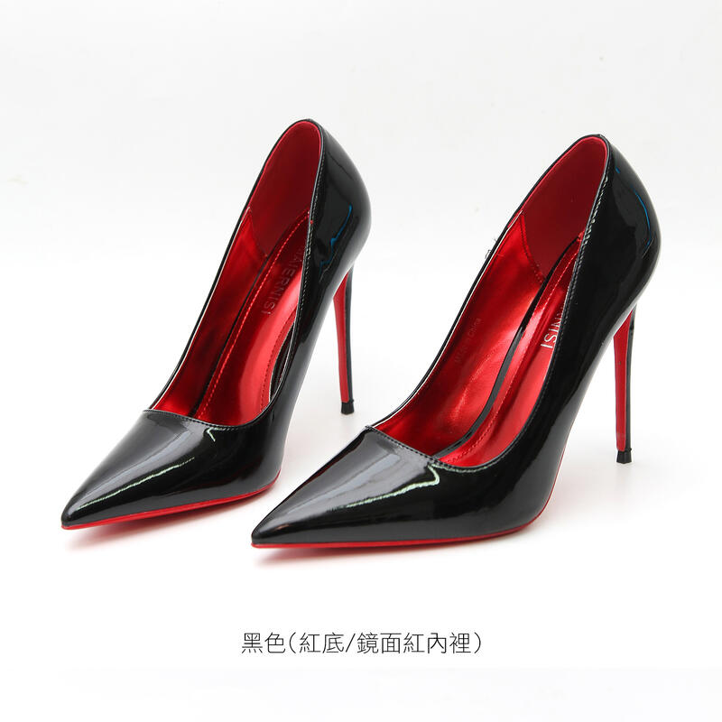 EFP大美人-2023促銷♥性感腿模女神攝影PU漆皮紅底/鏡面紅內裡鋼跟超細跟12cm尖頭高跟鞋~黑色大尺碼35-46