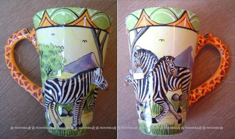 ☆MOOMBA☆ South Africa 南非 手工製 動物 長頸鹿手把 彩繪 陶杯 - 斑馬 INTU-ART COFFEE MUGS GIRAFFE HANDLE #467