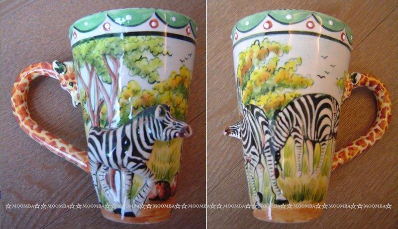 ☆MOOMBA☆ South Africa 南非 手工製 動物 長頸鹿手把 彩繪 陶杯 - 斑馬 INTU-ART COFFEE MUGS GIRAFFE HANDLE #470