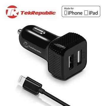 TekRepublic 蘋果認證快速車充，內建Lightning 充電線+ USB 雙埠 (TCC-300)