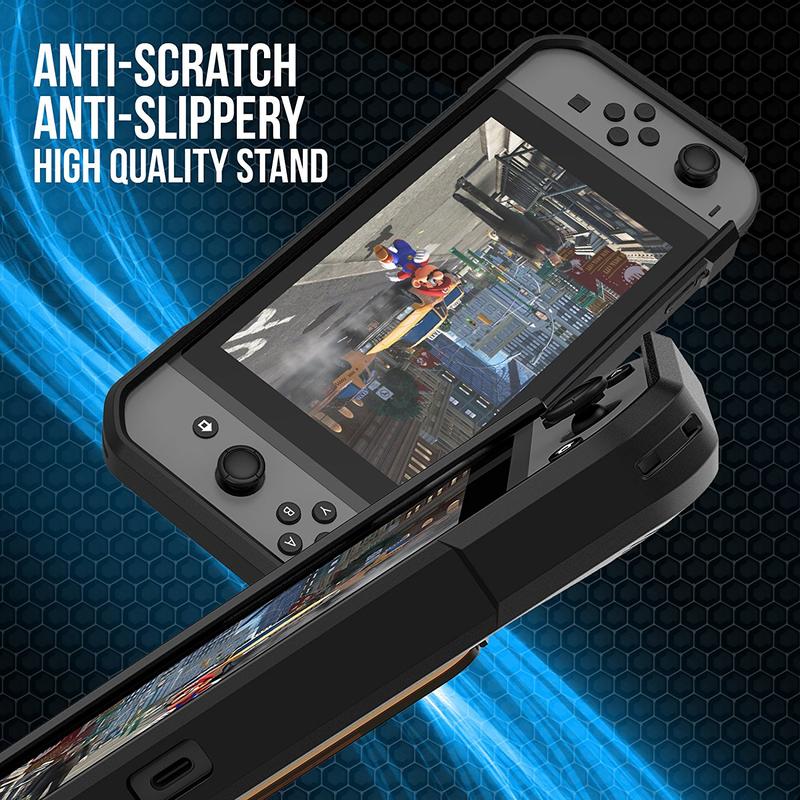 <V3延長線+9H鋼化貼同捆>地表最強Nintendo Switch主機一體式保護殼 隨機攜帶5片卡帶 可當立架