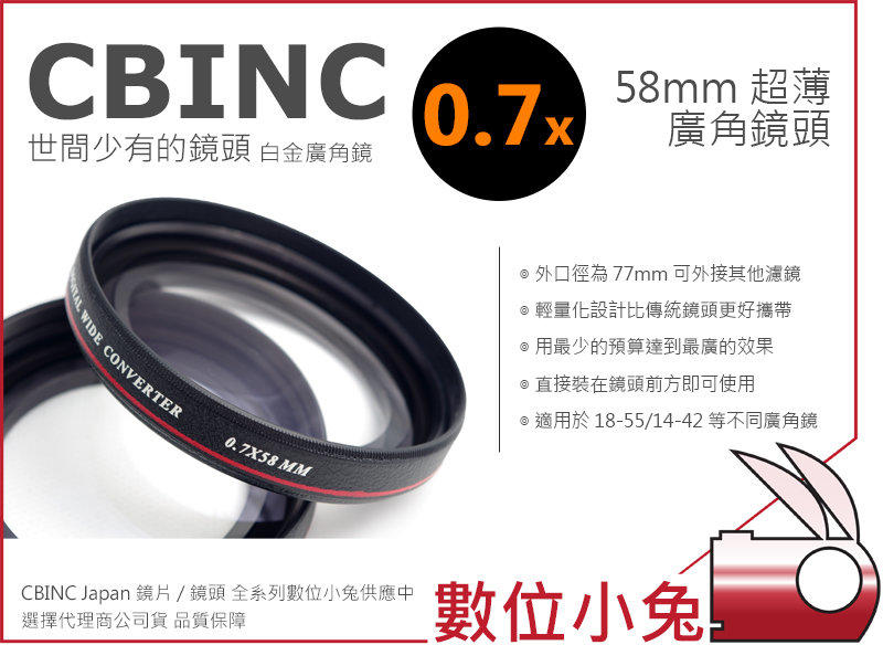 數位小兔【 CBINC 58mm 0.7x 廣角鏡 】超薄避免暗角 Canon 18-55mm KIT Sony 650D 700D 100D 550D 7D 7D2