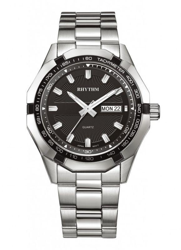 RHYTHM WATCH 麗聲黑色計速圈十二角形設計感石英鋼帶腕錶 型號：G1407S02【神梭鐘錶】