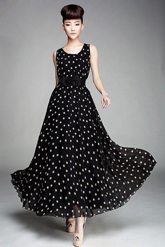 【yes99buy】新款 裙 超長背心裙 黑底白點 配精緻雙花腰帶 시퐁 셔츠雪紡裙(單色黑色圓點)
