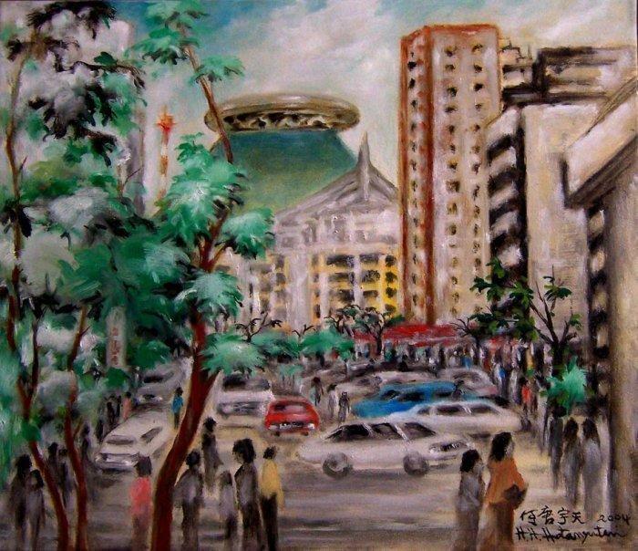 124(保證真跡)國際藝術家 何唐宇天(何大忠)- 油畫-台北華視街景