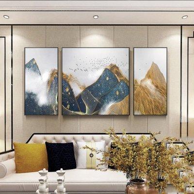 ART。DECO 新中式客廳裝飾畫風景山水畫玫瑰金色抽象線條幾何巨幅裝飾畫實品屋掛畫裝飾畫民宿房間裝飾掛畫(1套3幅)