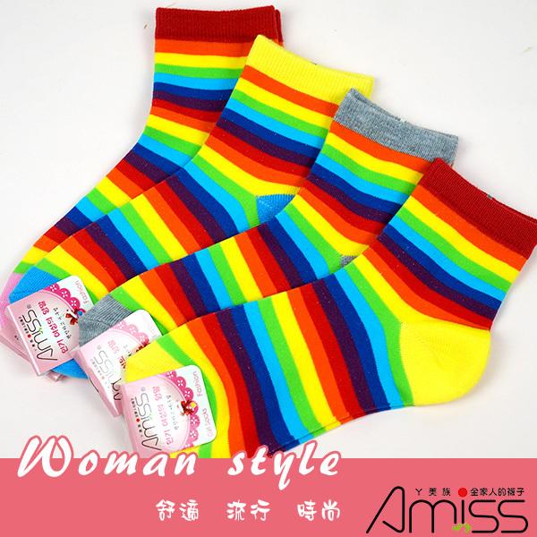 ViVi襪鋪 繽紛撞色棉織少女襪-彩虹條紋(2雙組)-【C702-33】