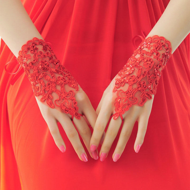 凡妮莎新娘手套-紅色短款蕾絲手套綁帶款-婚紗飾品.表演禮服配件