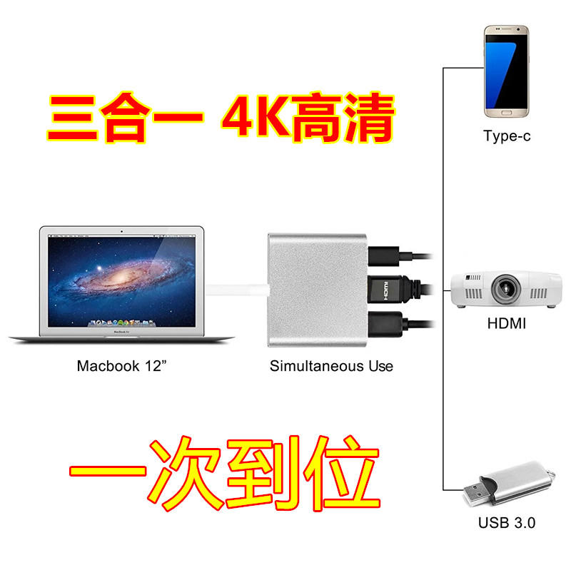 安卓Type-c手機投影器三合一4K高清macbook轉換器type-c/hdmi/usb3.0高清轉接線
