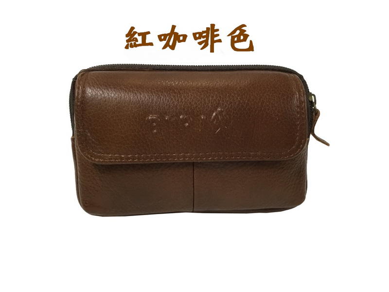 【小米皮舖】A7685-(特價拍品)BLPJ 橫式牛皮腰包手機包(紅咖啡色)6吋