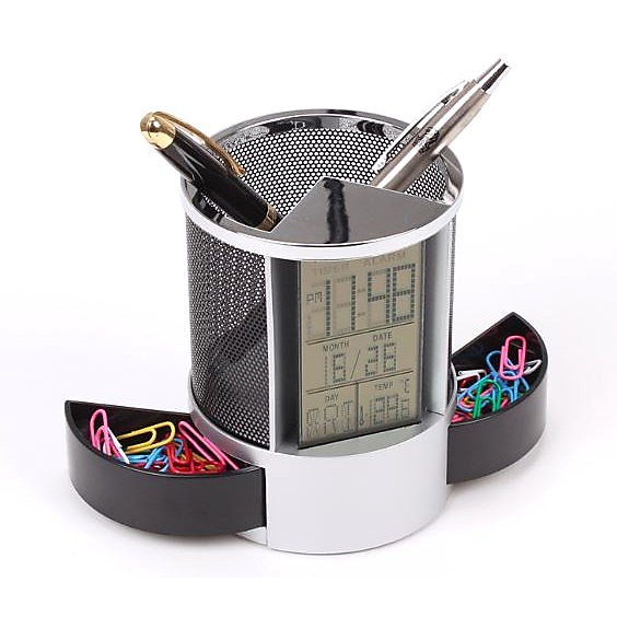 筆筒電子時鐘 大顯示屏溫度電子鬧鐘 顯示日歷 時間 溫度 計時器 有抽屜的圓筆筒 