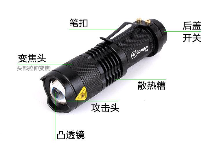 CREE Q5或R2 變焦迷你小手電筒帶筆扣手電筒14500鋰電池.3號