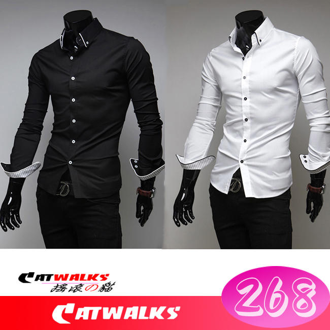 台灣現貨 Catwalk's- 韓版領袖吊色條紋內襯休閒長袖襯衫 ( 黑色、白色 ) M-XXL